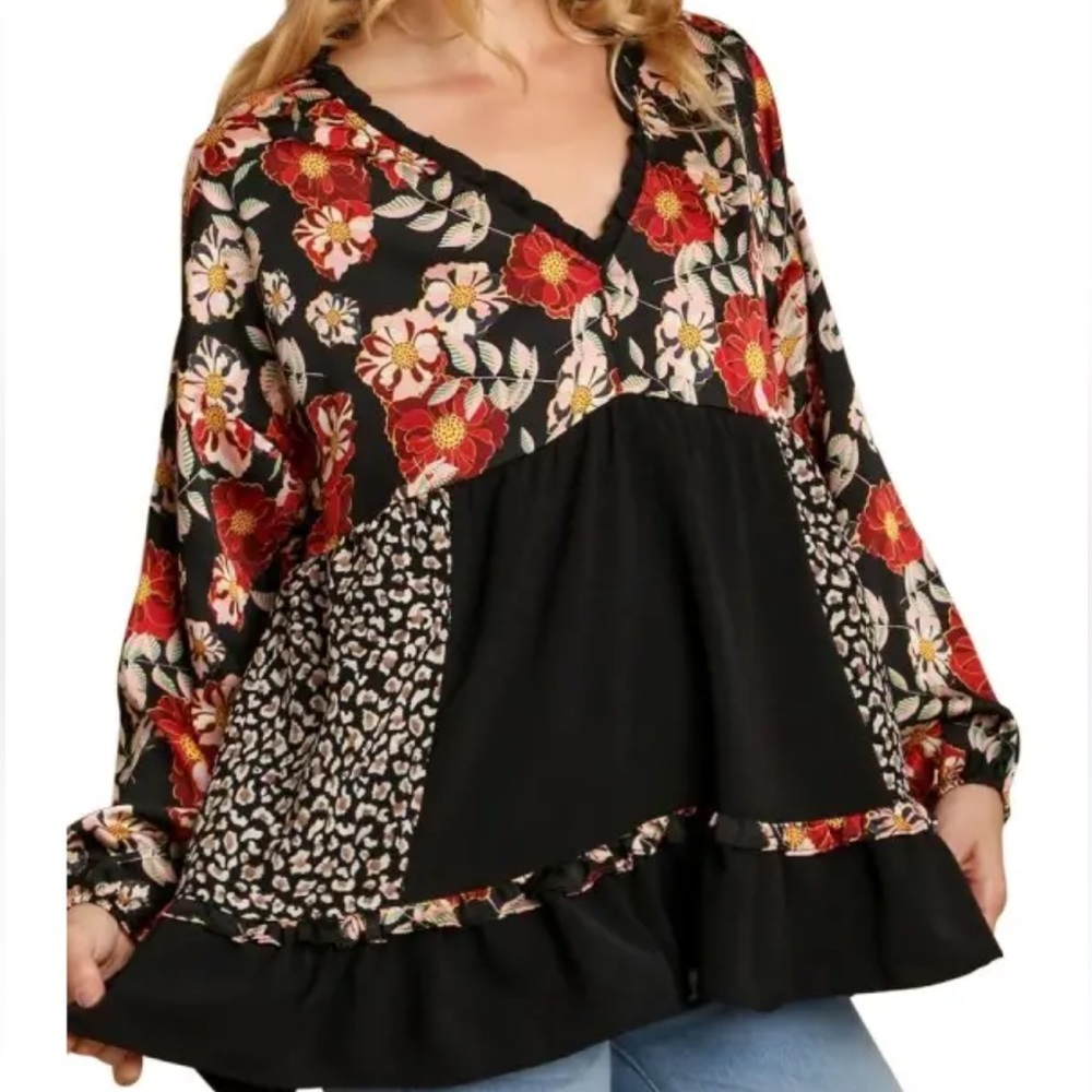 Umgee long sleeve deep v-neck mixed print patchwork black Floral Animal Print